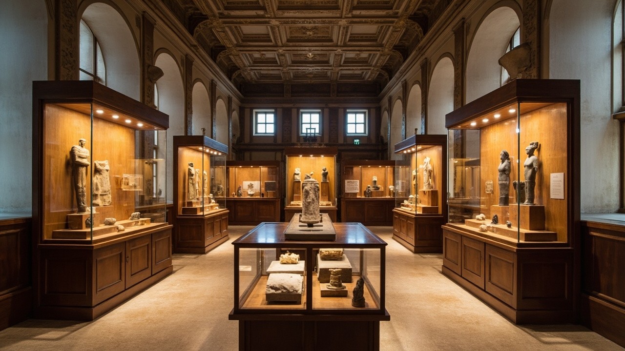Baroque Museum Hallway Displaying Diverse Archaeological Artefacts