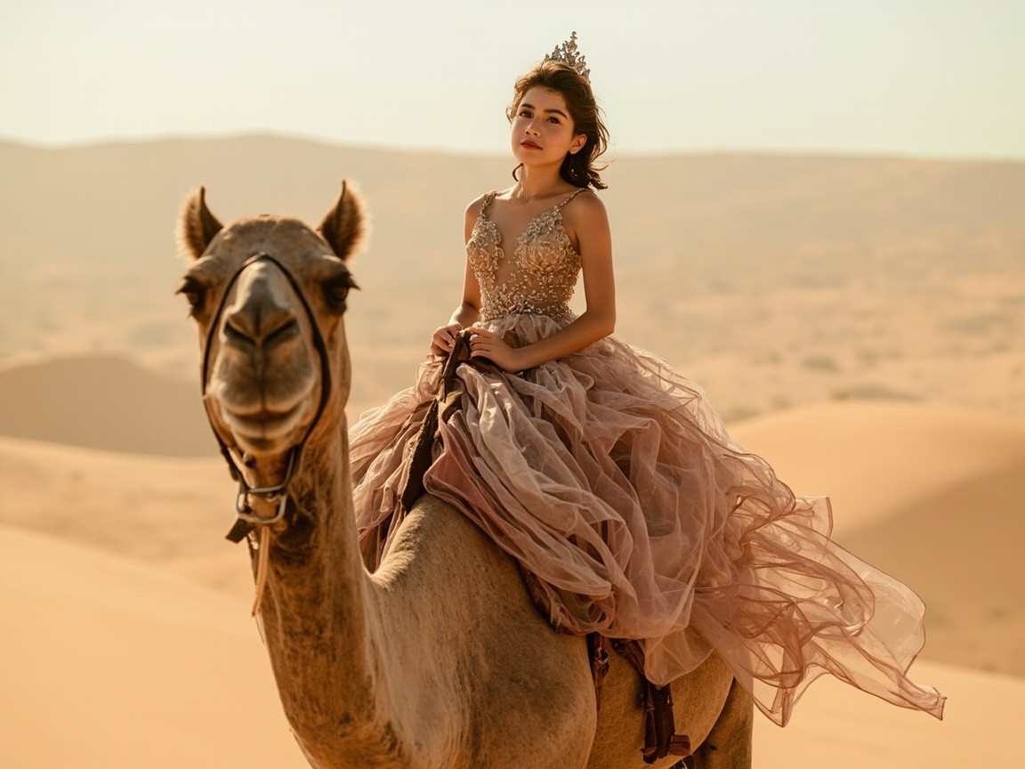 Beautiful Girl Riding a Camel in the Desert
