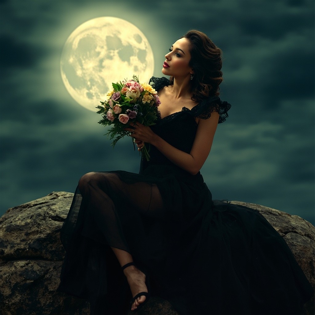 Beautiful Woman Holding Flower Under Moonlight on Rock