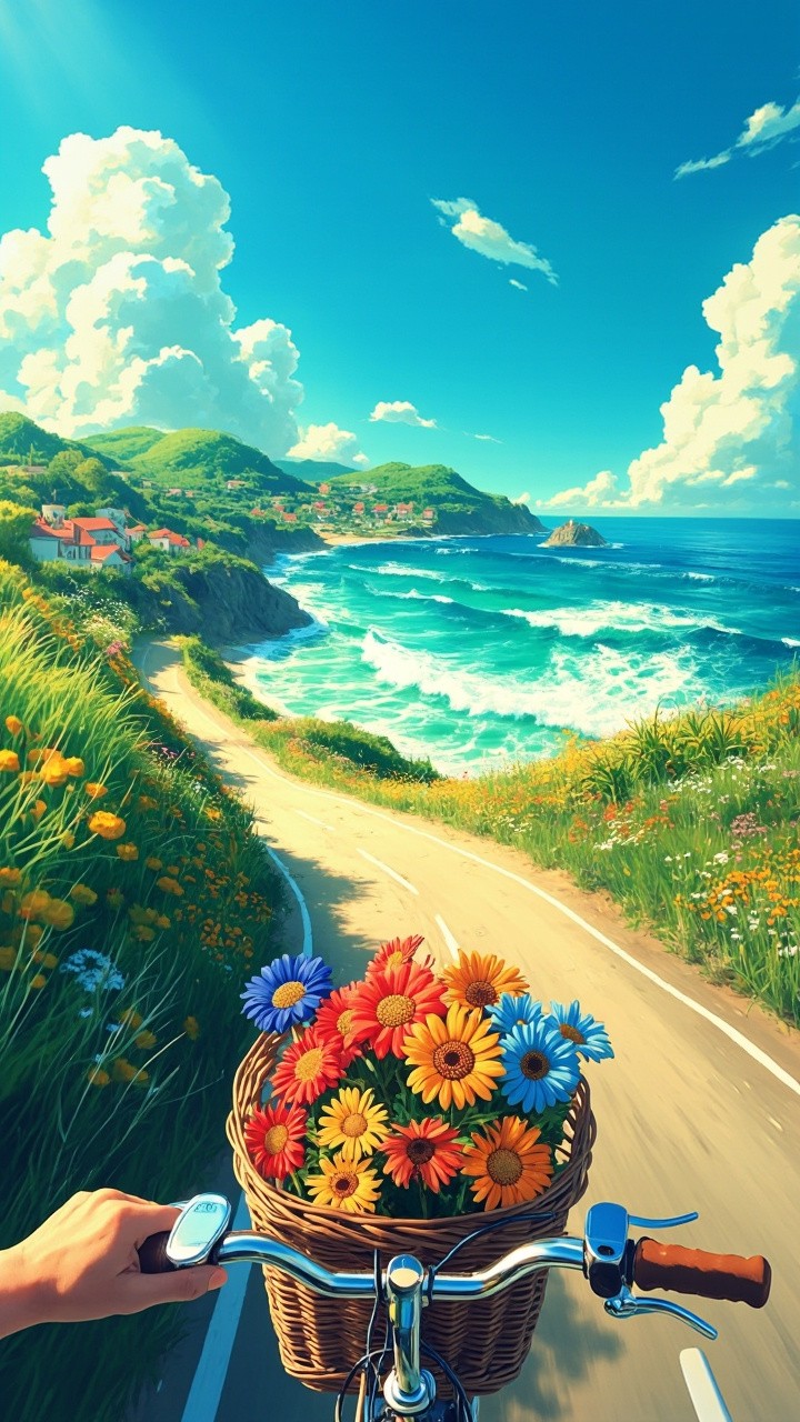 Bicycle Ride Through Sunny Seaside Village