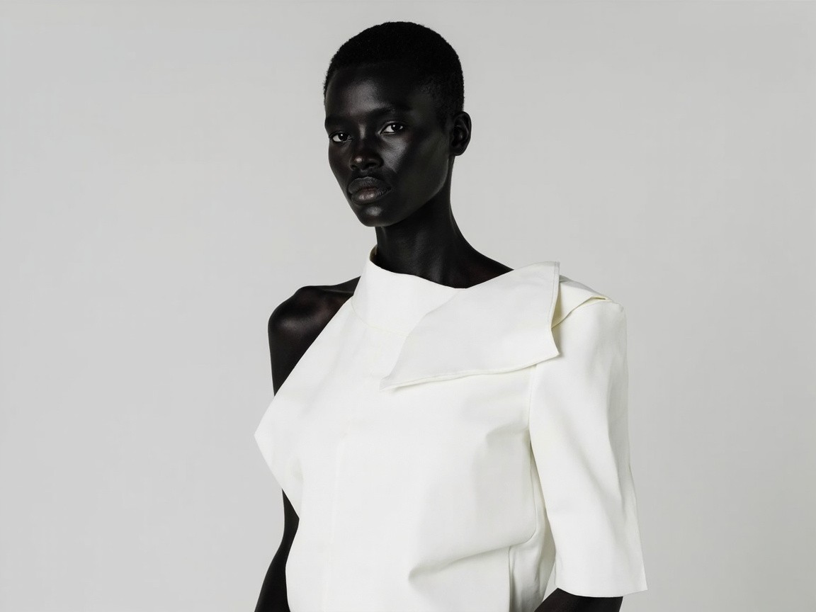 Black Model in Luxury White Geometric Dress