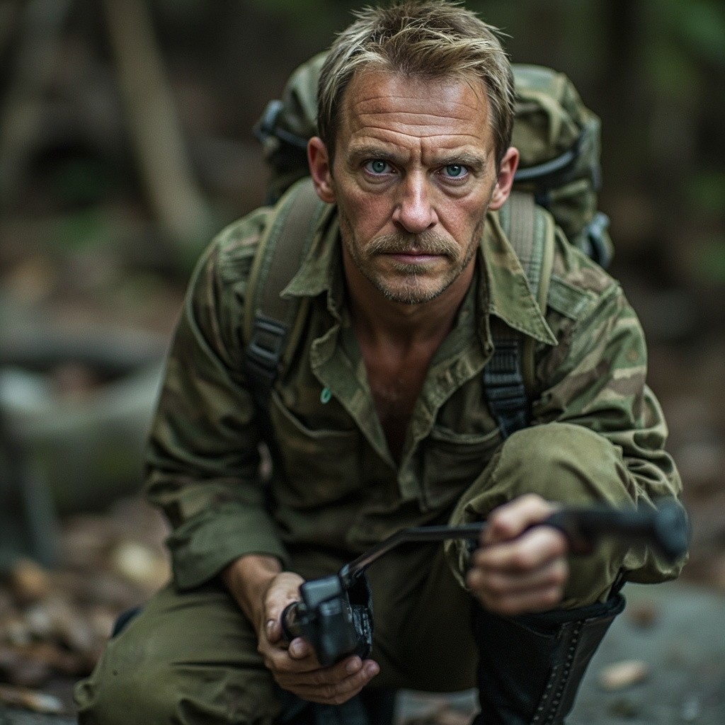 Blond Indiana Jones in Green Camo and Black Boots