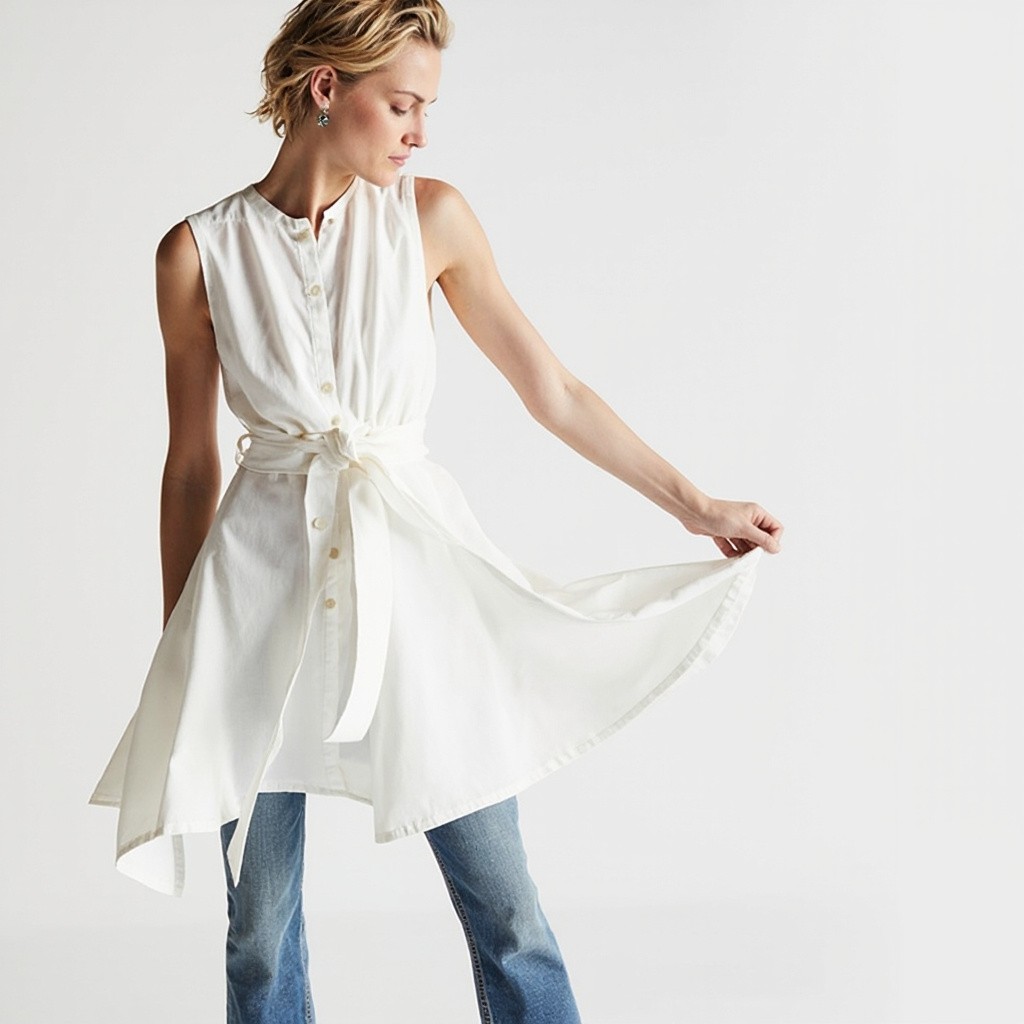 Blond Woman Wearing White Poplin Mini Dress and Jeans
