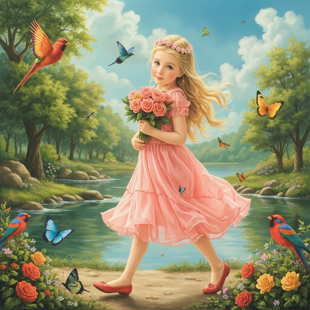Blonde Girl with Roses Amidst Nature by River