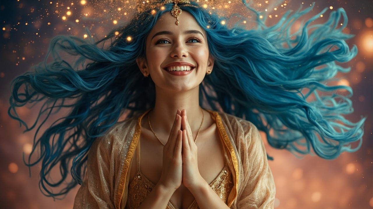 Blue-Haired Woman Celebrating with Namaste in Galaxy
