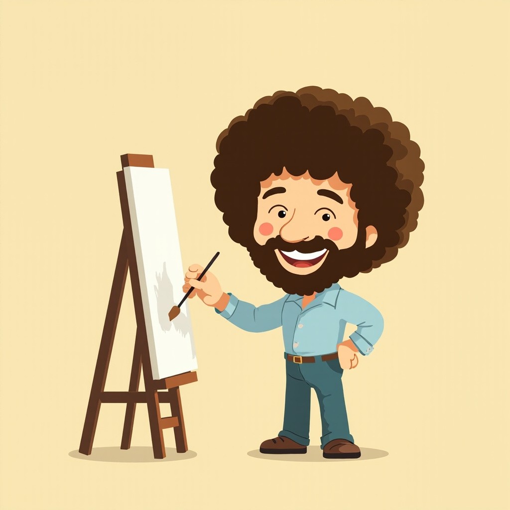 Bob Ross Joyfully Painting Tree in 1980s Studio