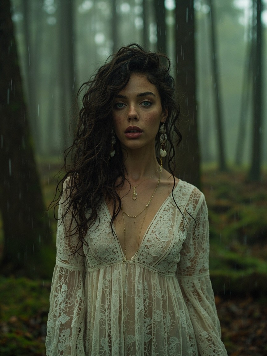 Bohemian Lady in Misty Forest Vogue Photoshoot