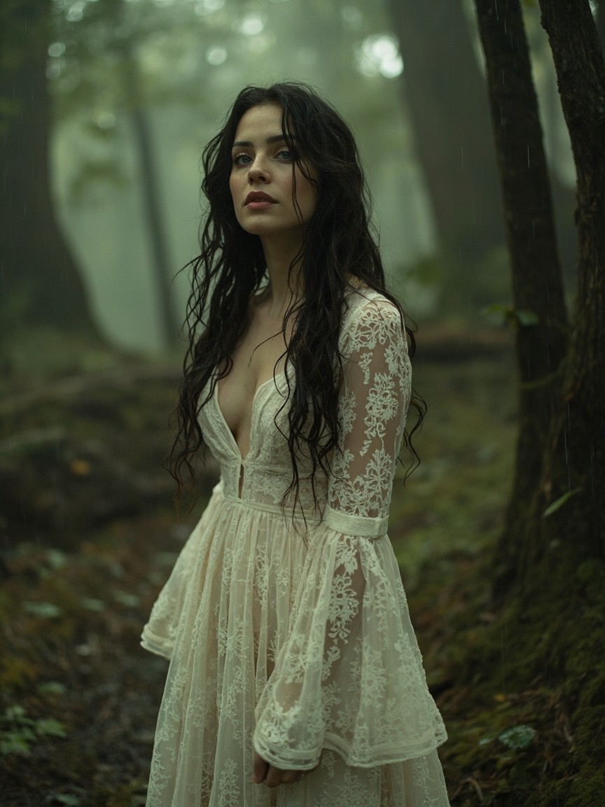 Bohemian Woman in Misty Forest Vogue Shoot