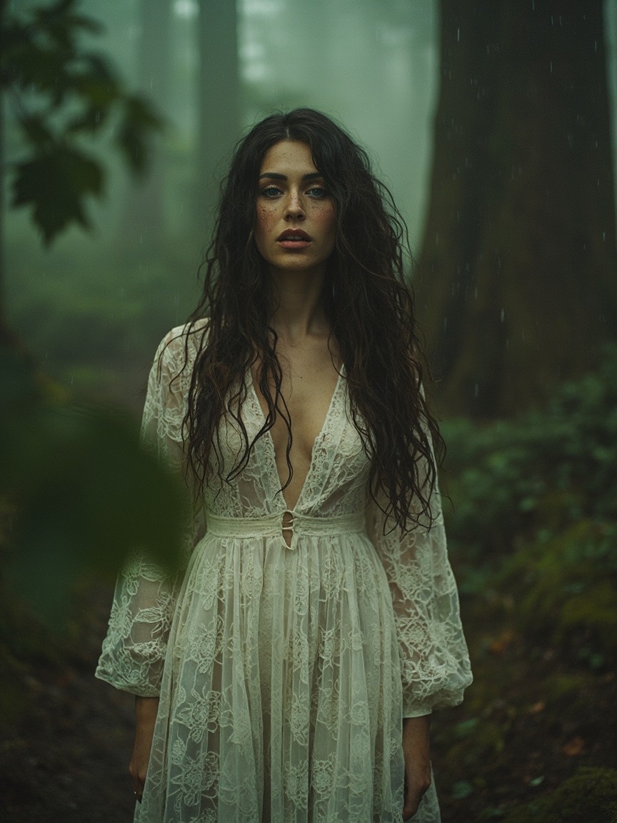 Bohemian Woman in Misty Forest Vogue-Style Shoot