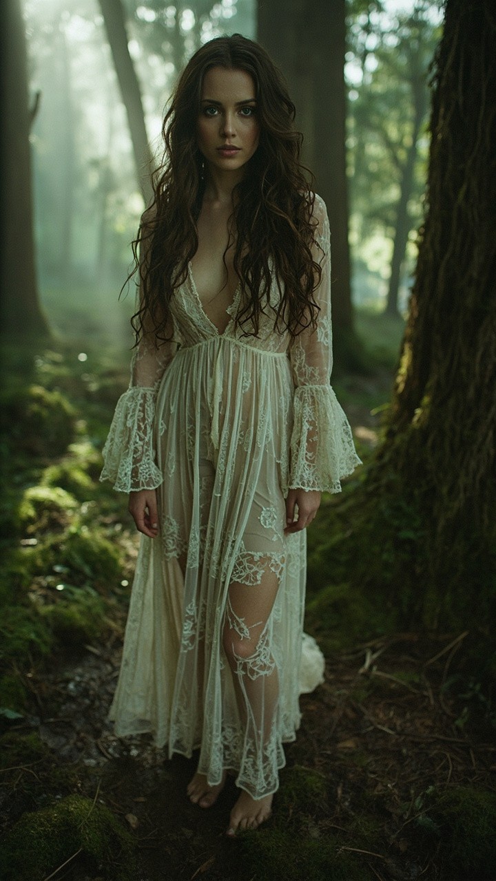 Bohemian Woman in Rainy Forest with Sunbreak