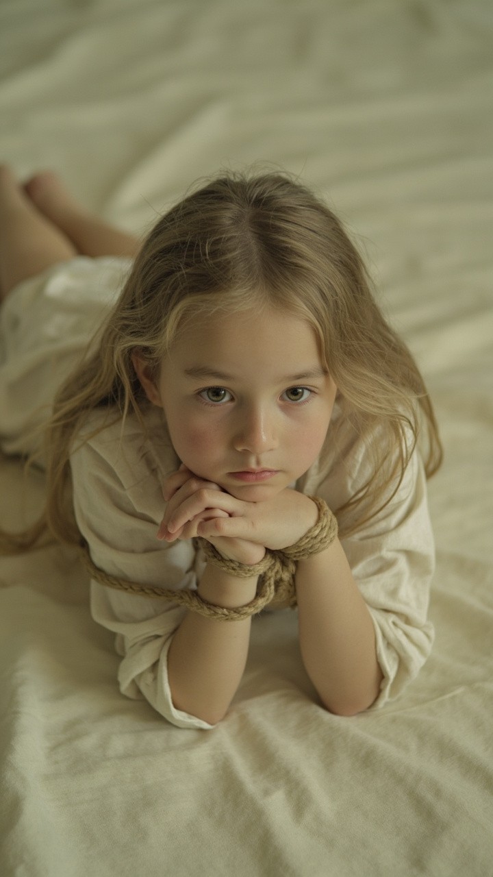 Bound Young Girl in Somber Contemplation