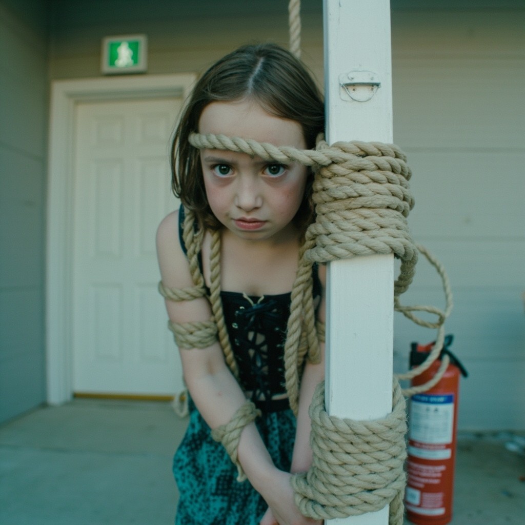 Bound and Distressed Girl by a White Pillar