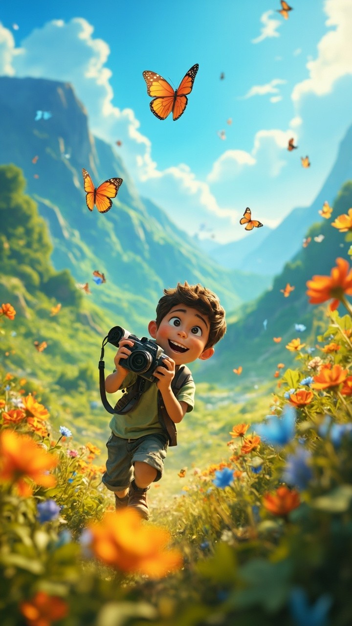 Boy Chasing Butterflies in Vibrant Pixar-Style Valley