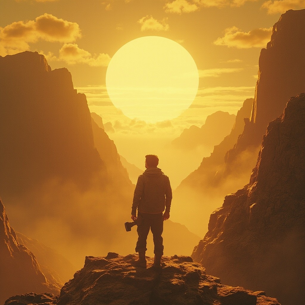 Boy Guarding Microscope in Three-Dimensional Gold Mountains