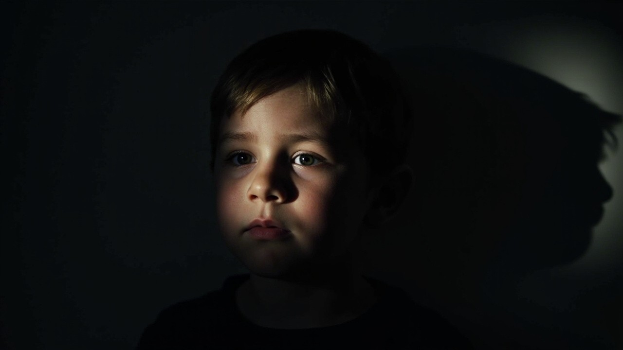 Boy Observing Vision Boards in Shadowy Room