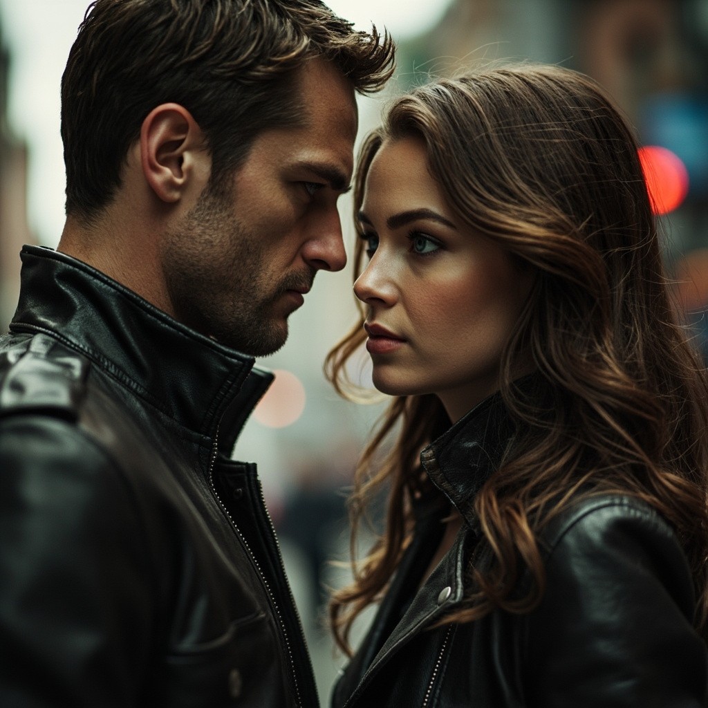 Boy and Girl with Blue Eyes in Leather Jackets