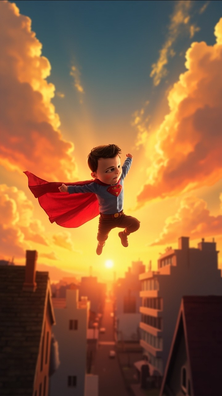 Boy in Superhero Cape Leaping Across Rooftops
