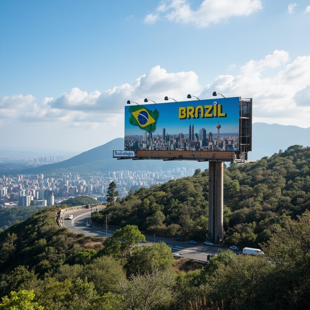 Brazilian Billboard Scene with Korean Mountain City