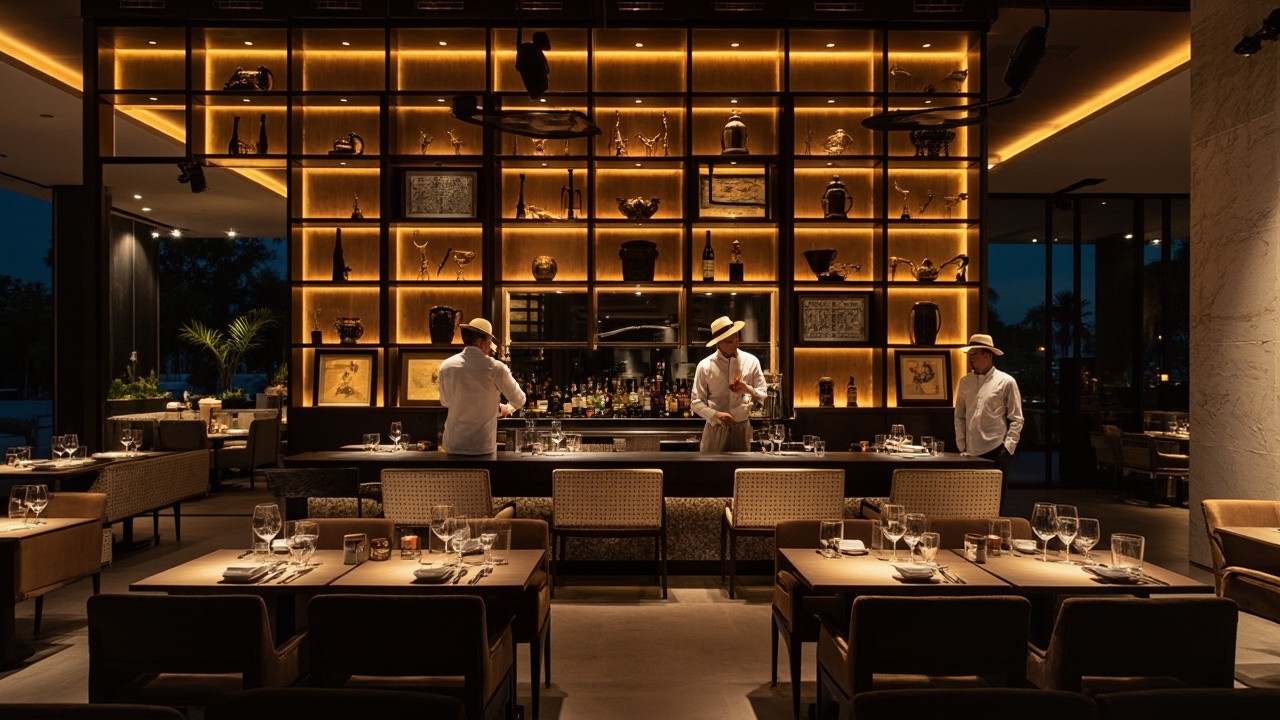 Brazilian-Euro Glamour in Modern Restaurant Evening Setting