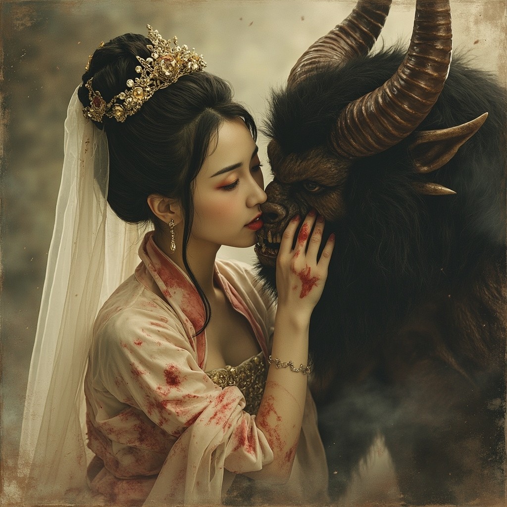 Bride Kissing a Demon Amidst Smoky Splashes