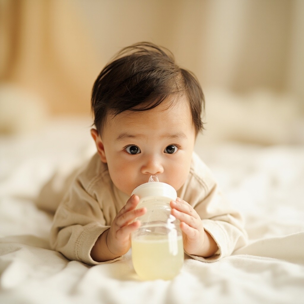 Bright-eyed Baby Drinking from Bottle on White Sheet