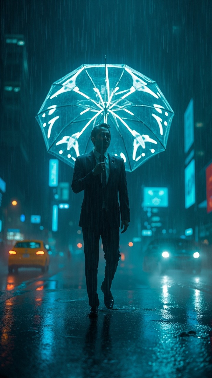 Businessman Under Drone Umbrella in Futuristic Rainy City