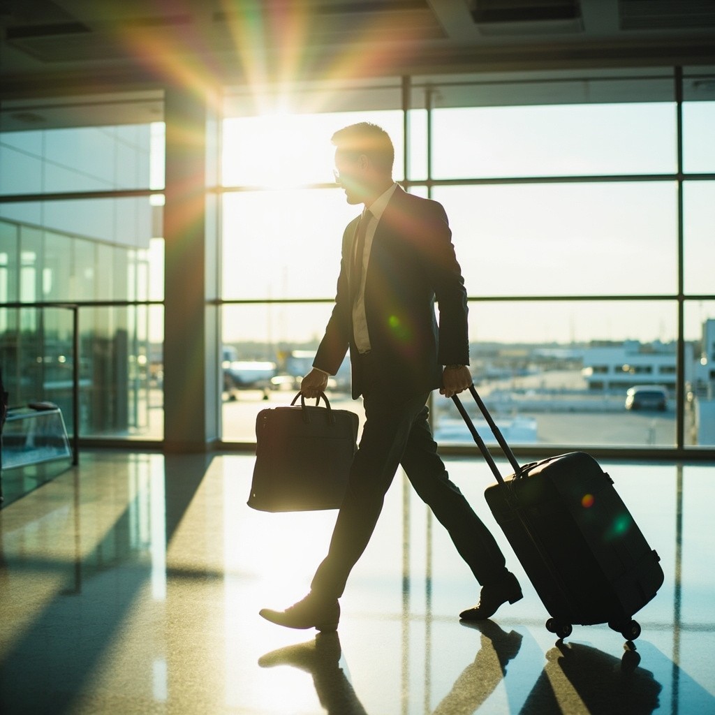 Businessman in Suit Pulling Suitcase in Airport
