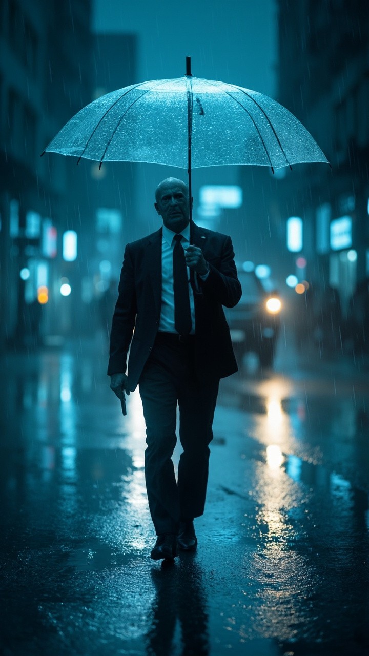 Businessman with Drone Umbrella in Futuristic Rainy City