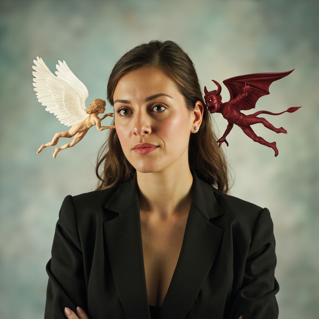 Businesswoman with Angel and Devil on Shoulders