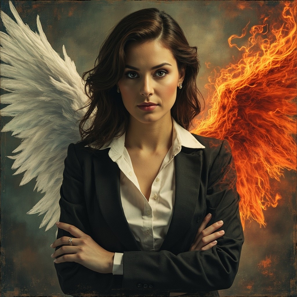 Businesswoman with Angel and Devil on Shoulders