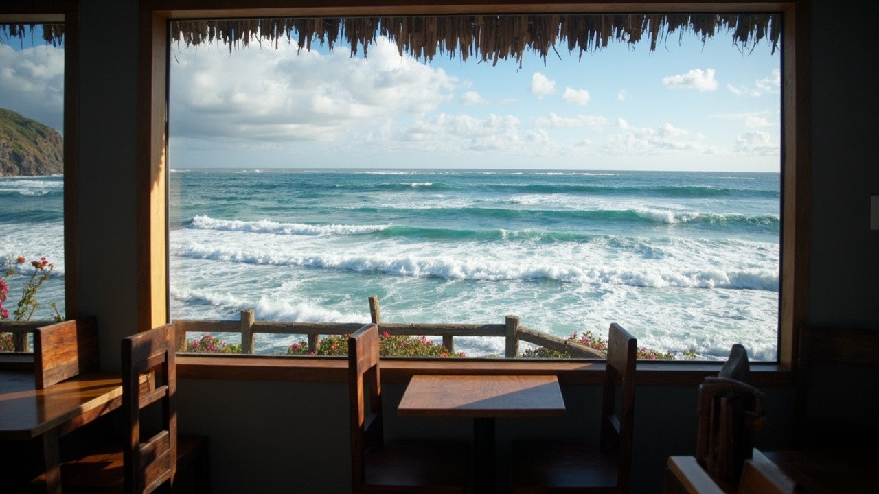 Cafe Window View of Beach Waves