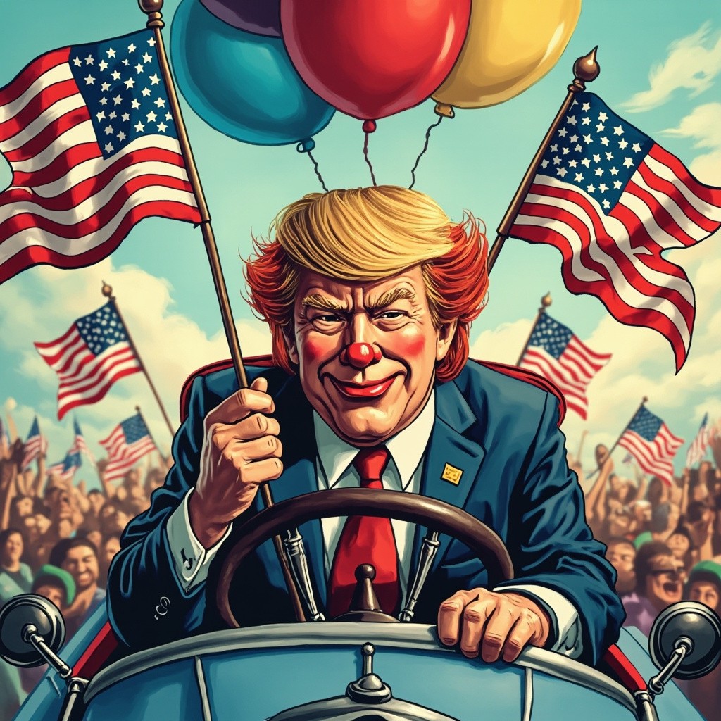 Cartoon Trump Clown in U.S. Flag Adorned Car