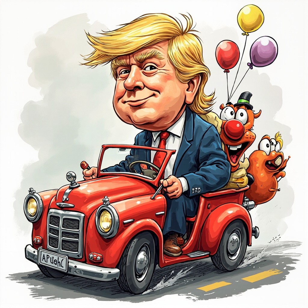 Cartoon of Donald Trump in a Clown Car