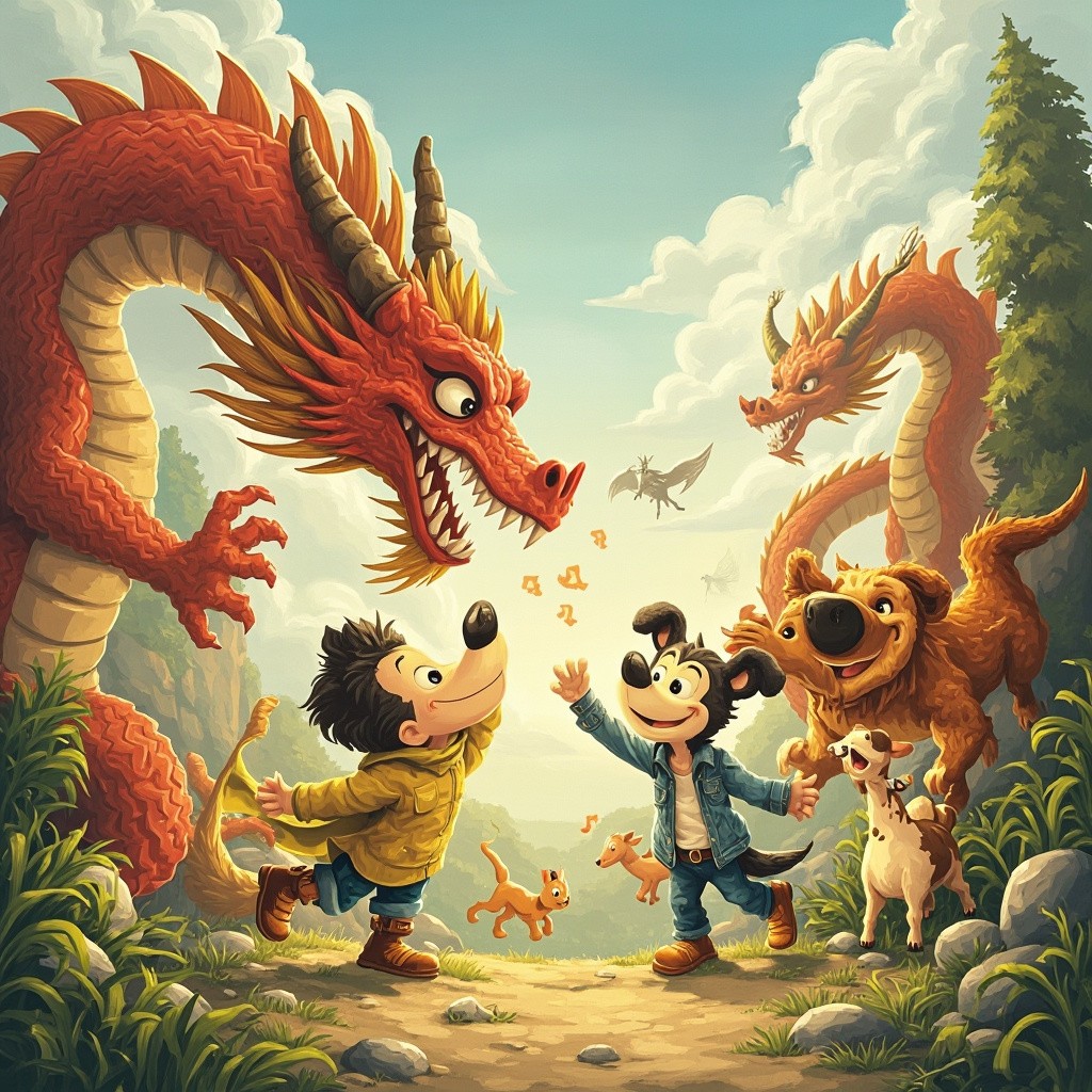 Cartoons Having Fun with Dogs and a Dragon