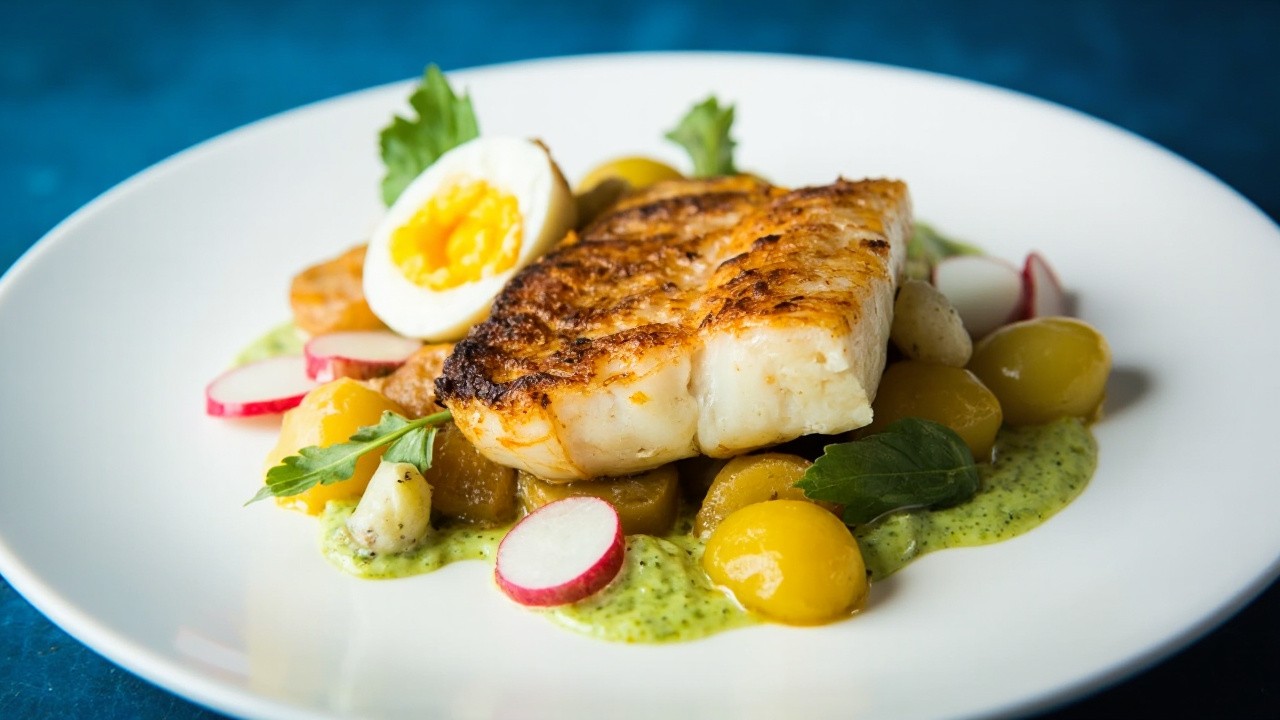 Centered Shot of Seared Halibut Dish with Details