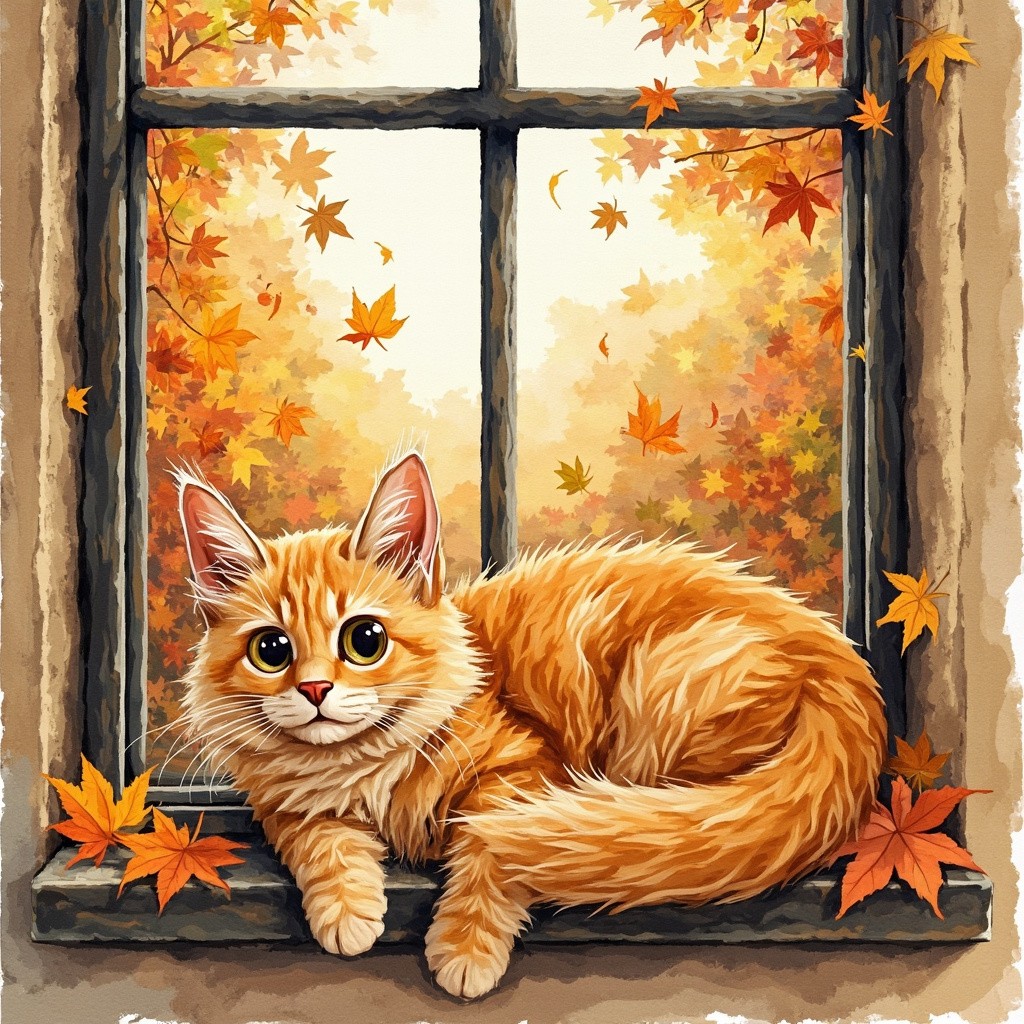 Cheerful Orange Cat Enjoys Autumn on Windowsill