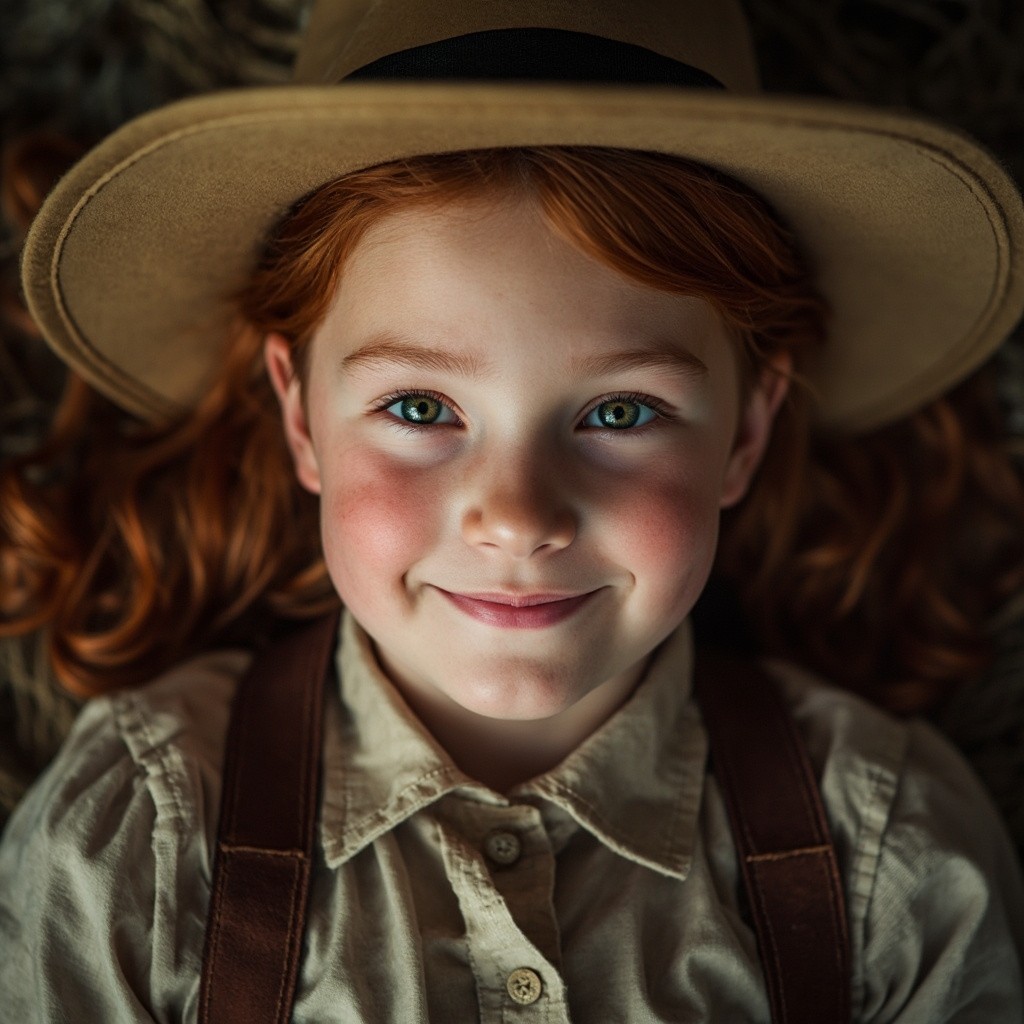 Cheerful Redheaded Teen in 1900s American Farm Attire