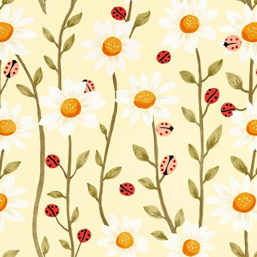 Cheerful Retro Floral Art with Ladybugs on Ivory