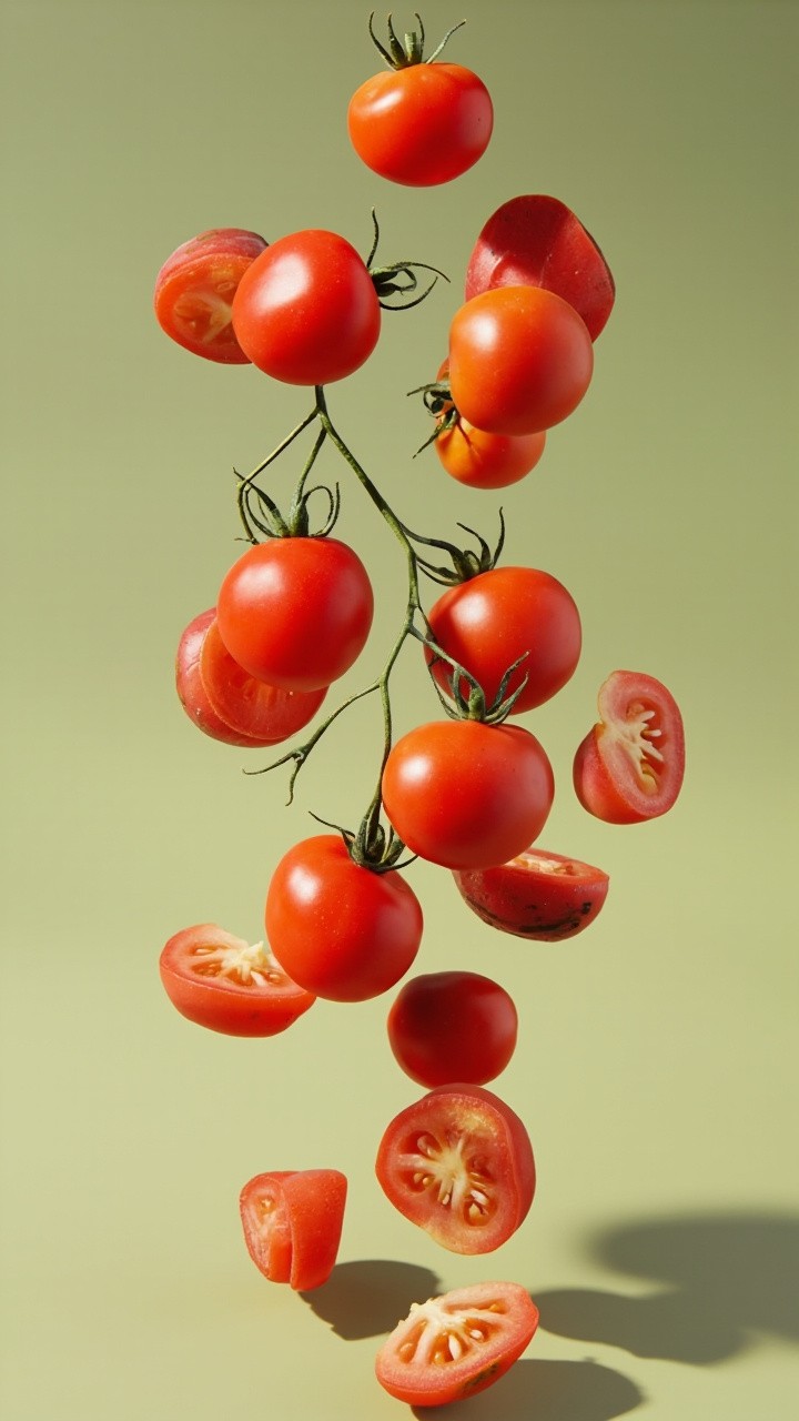 Cherry Tomatoes Floating Midair in High Resolution