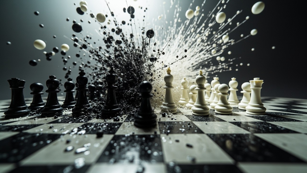 Chessboard with black and white pieces exploding.