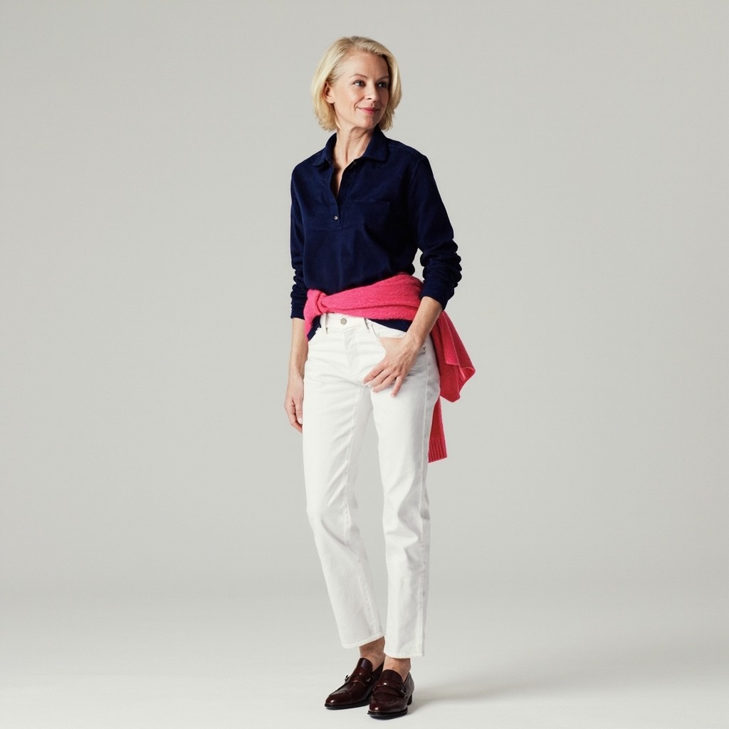 Chic Blonde Woman in Navy Polo and White Jeans