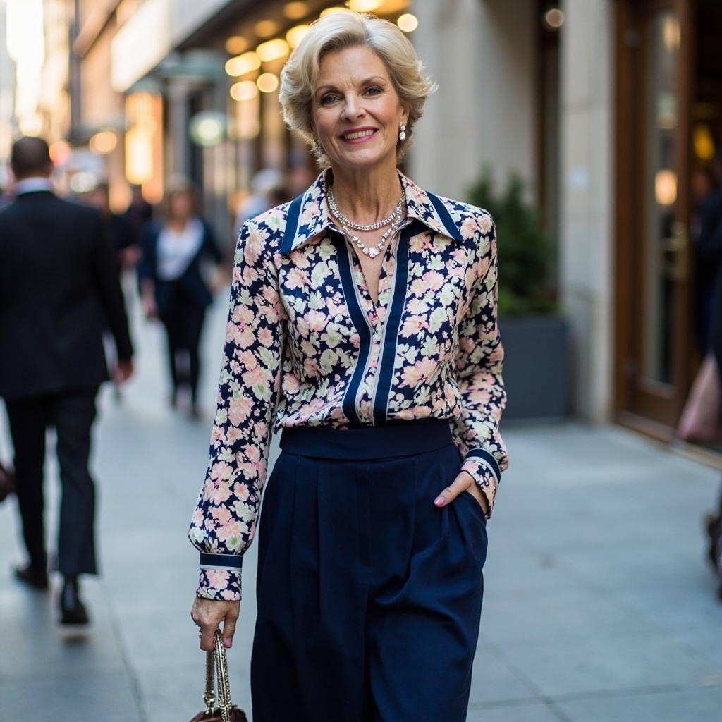 Chic Older Woman in Floral Blouse and Palazzo Pants