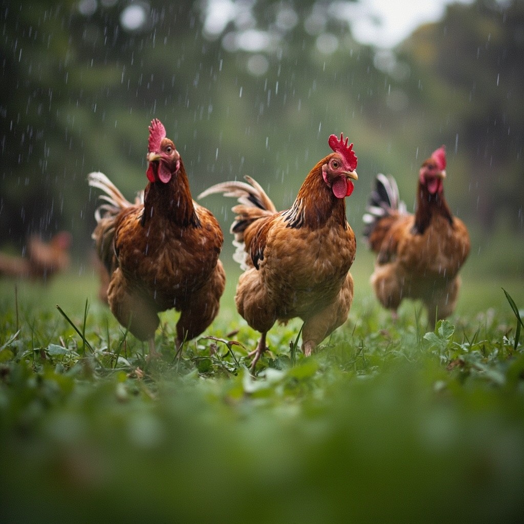 Chickens in the Pen on a Rainy Afternoon