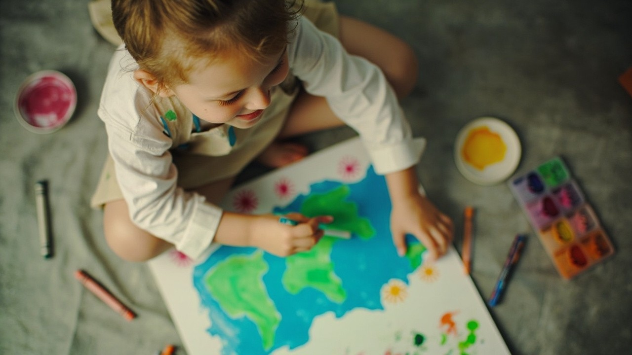 Child Joyfully Creating Earth Painting in Classroom