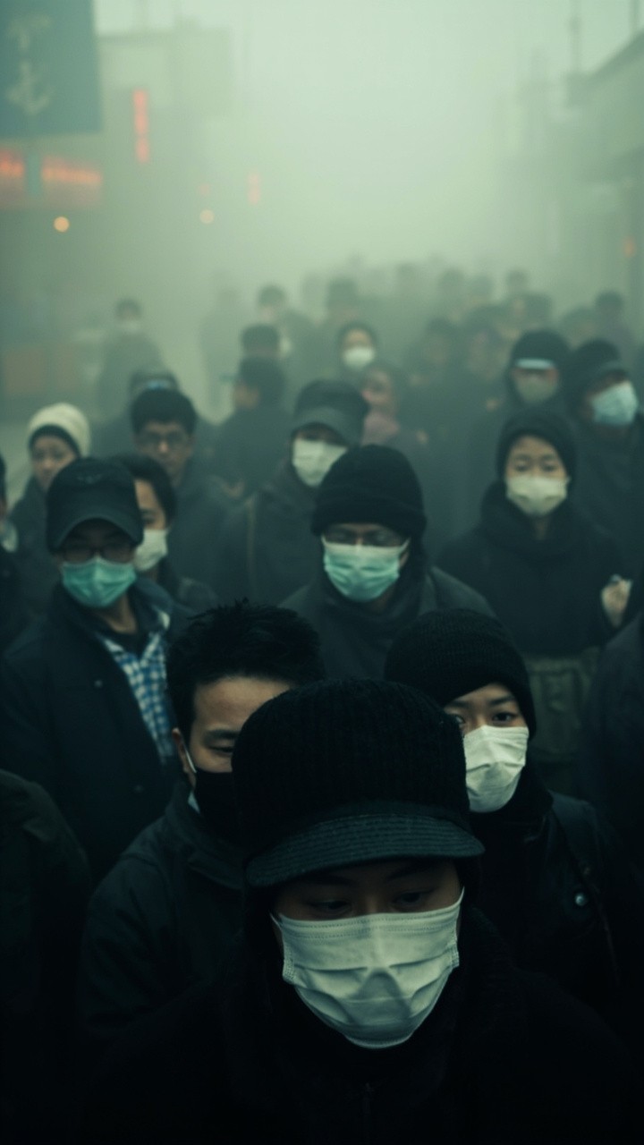 Chinese People Walking in Foggy, Moody Atmosphere
