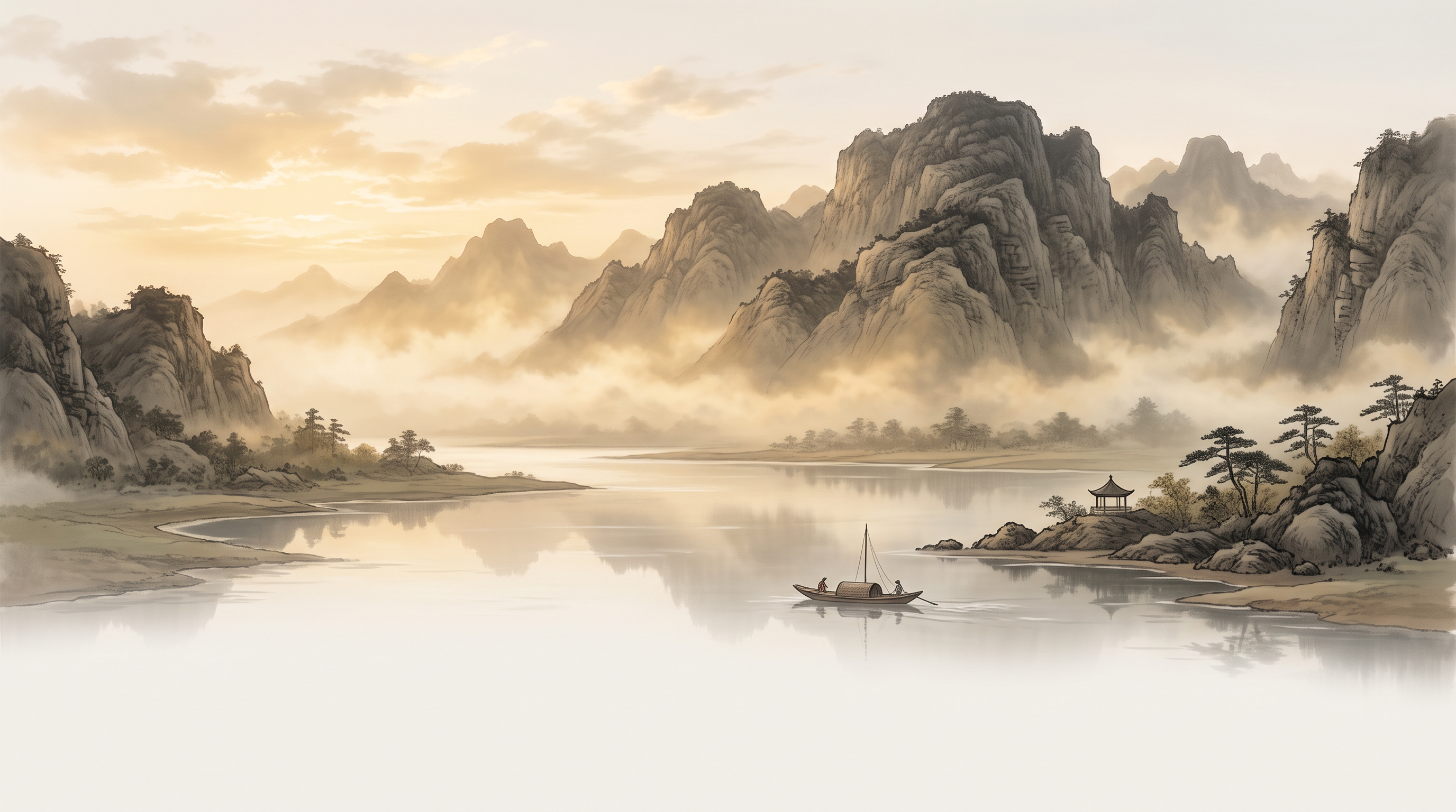简约新中式山水远景with 清晨暖金色薄雾| Splitshire