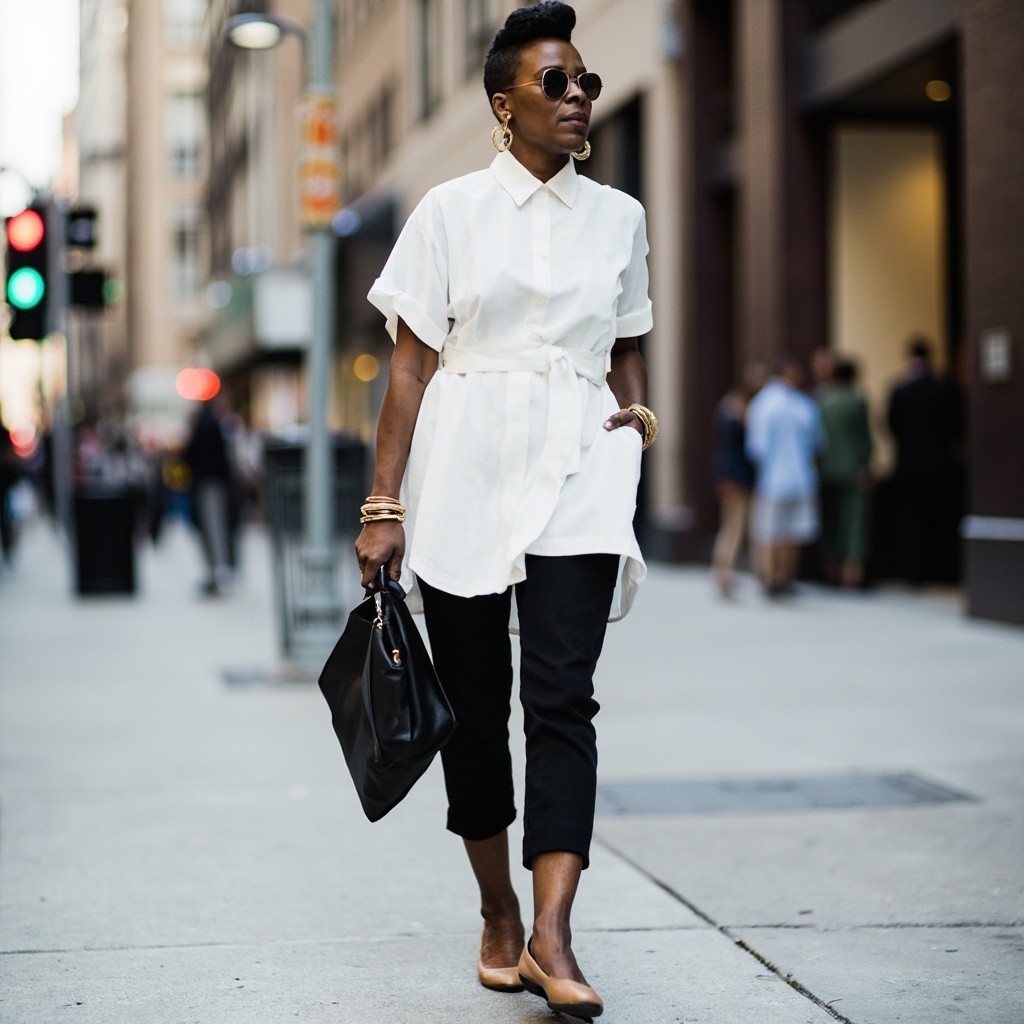 Classy Woman in White Dress and Capris in City