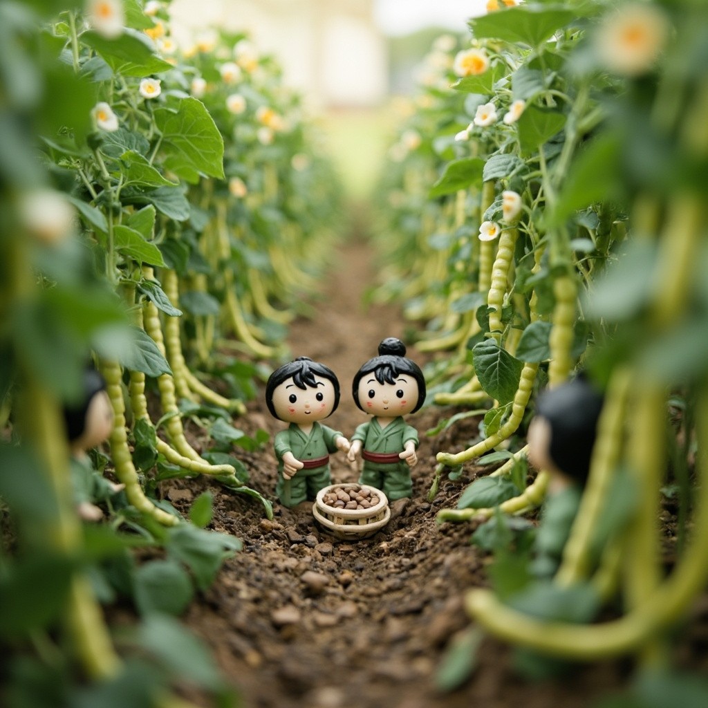 Clay Scholar Dolls Harvesting Long Beans in Field