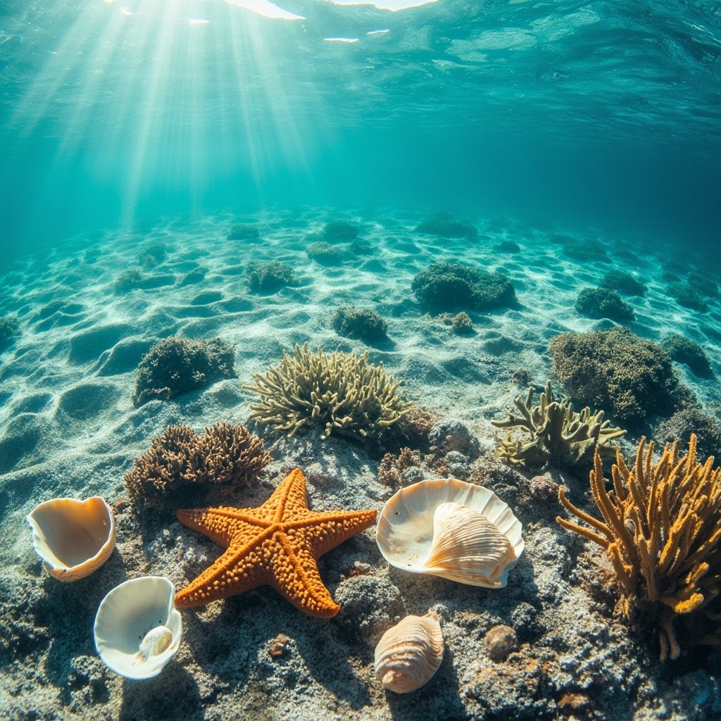 Clear Underwater Scene with Starfish, Shells, Coral