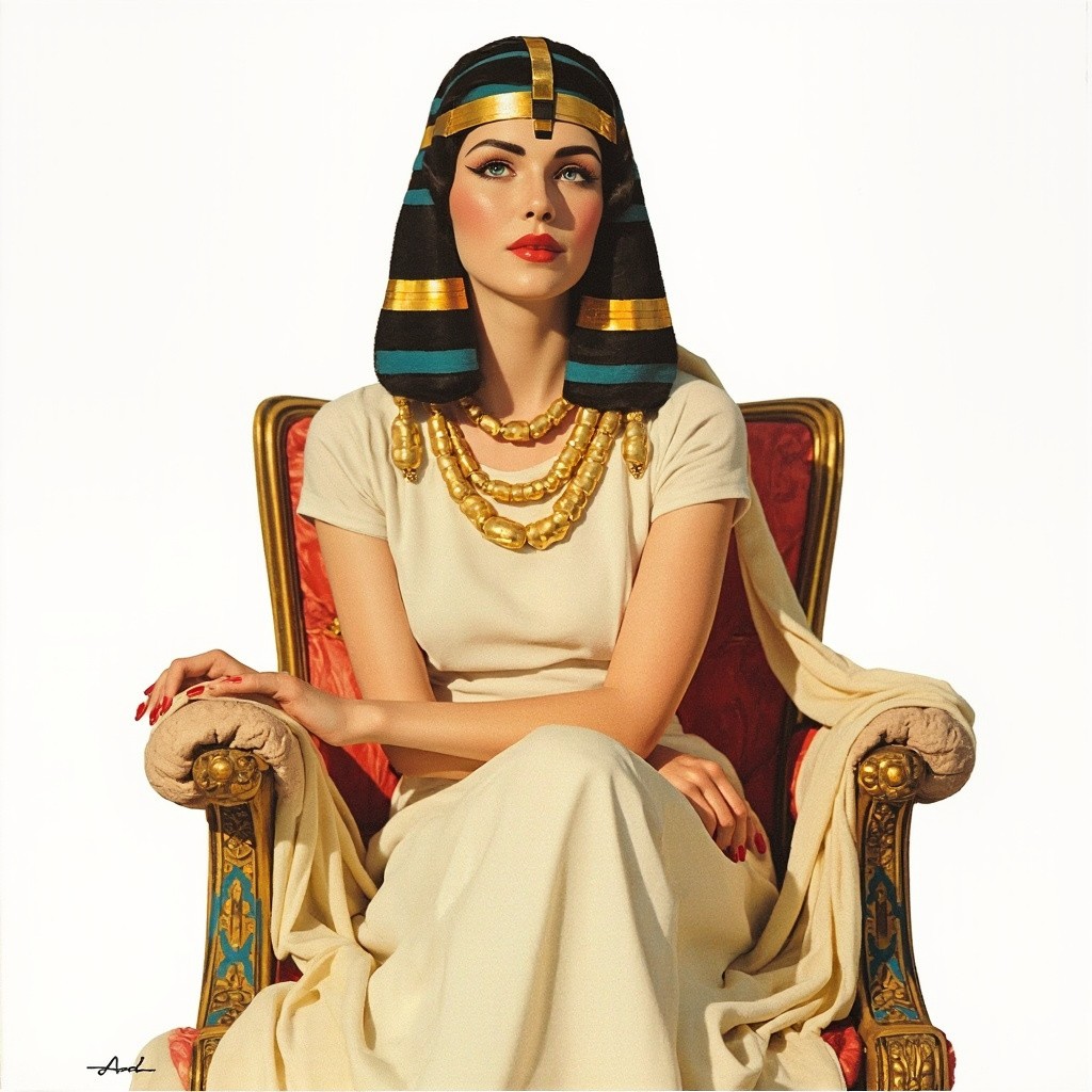 Cleopatra with Egyptian Eyeliner on Retro Throne